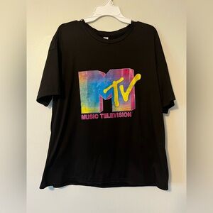 Casual Plus Size Retro Black MTV Tee Shirt Size 1XL